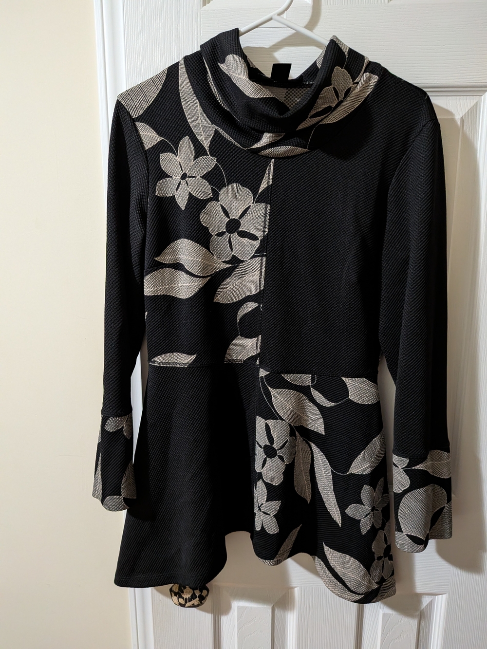 Black and Cream Floral Cowl Neck Women's Sweater